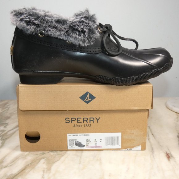 Sperry Faux Fur Saltwater 1-Eye Rain Boot, Black/Black, Duckboot Shoe 8 - Picture 1 of 10